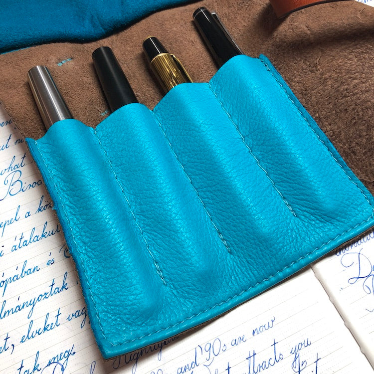 Best handmade pen roll for 4 pens. Bison and deerskin leather pen case. Leather pen wrap.