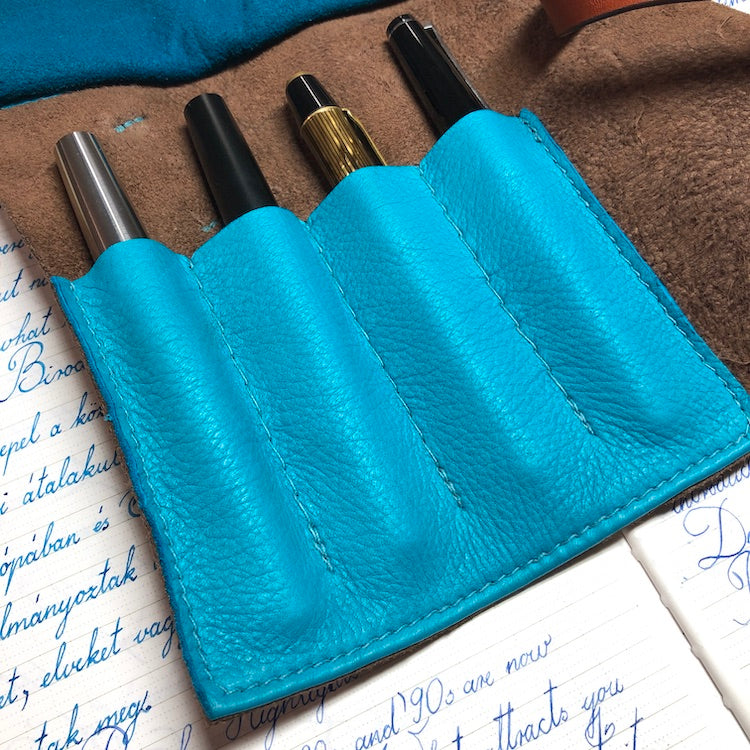 Best handmade pen roll for 4 pens. Bison and deerskin leather pen case. Leather pen wrap. 