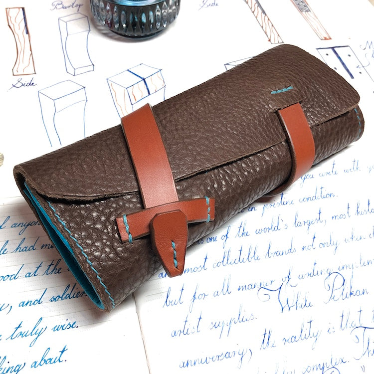 Best handmade pen roll for 4 pens. Bison and deerskin leather pen case. Leather pen wrap.