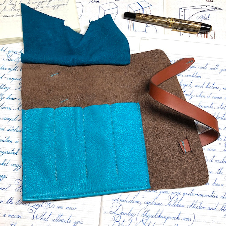 Best handmade pen roll for 4 pens. Bison and deerskin leather pen case. Leather pen wrap.