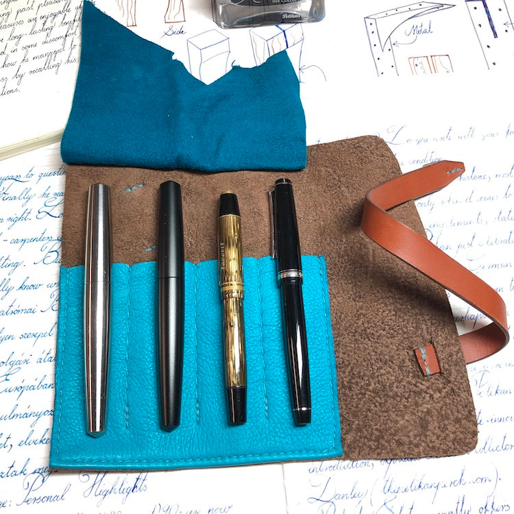 Best handmade pen roll for 4 pens. Bison and deerskin leather pen case. Leather pen wrap.