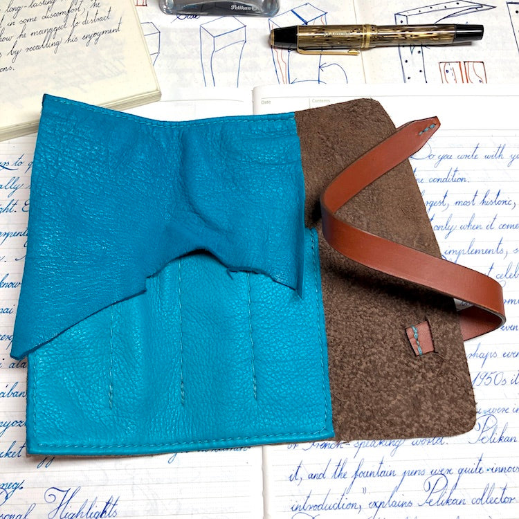 Best handmade pen roll for 4 pens. Bison and deerskin leather pen case. Leather pen wrap.