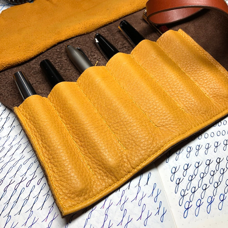 Fountain pen roll for 6 pens. Bison Leather pen case. Handmade leather pen holder.