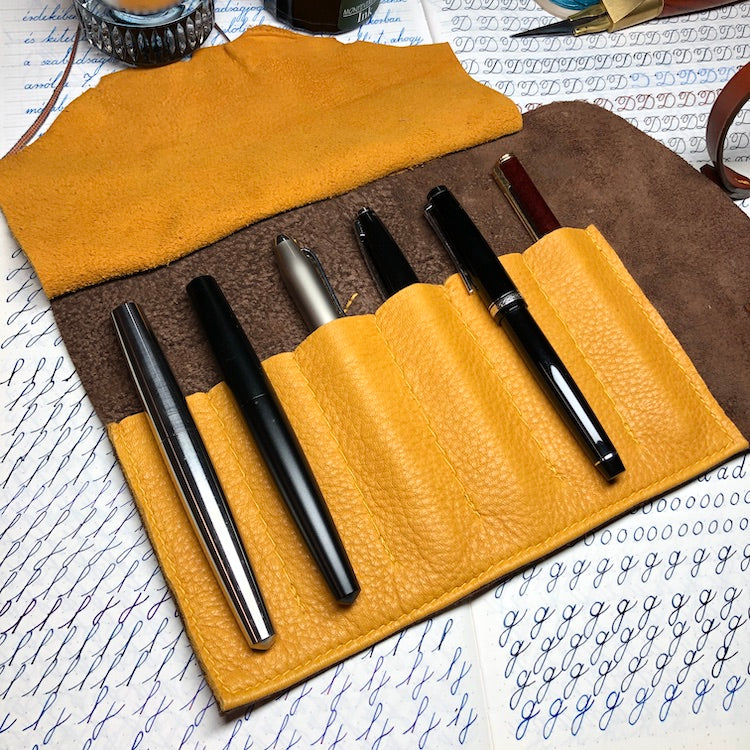 Fountain pen roll for 6 pens. Bison Leather pen case. Handmade leather pen holder.