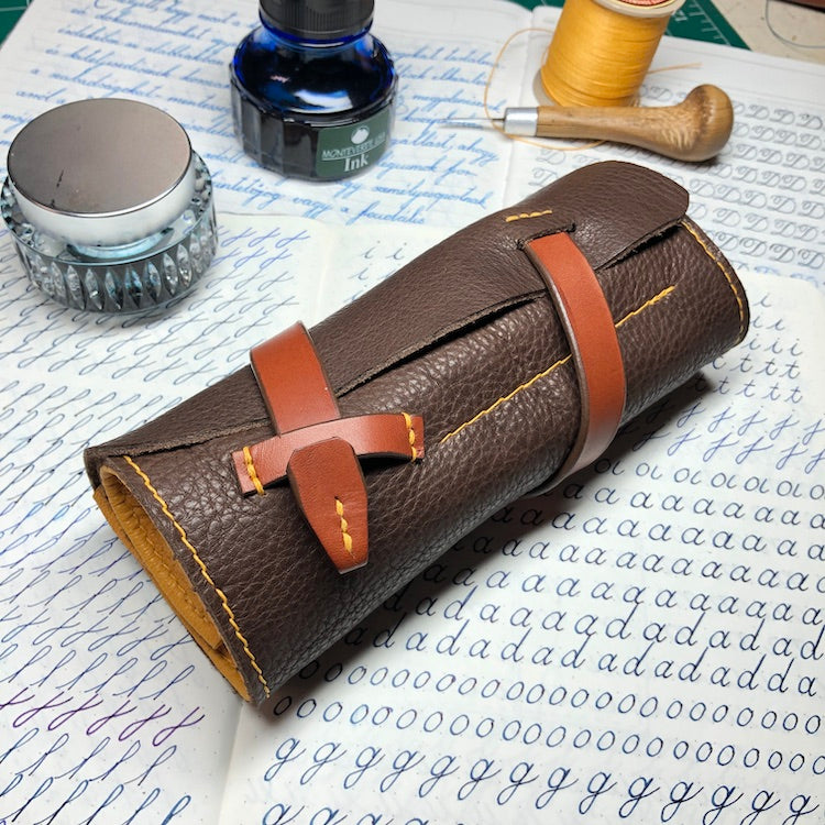 Fountain pen roll for 6 pens. Bison Leather pen case. Handmade leather pen holder.