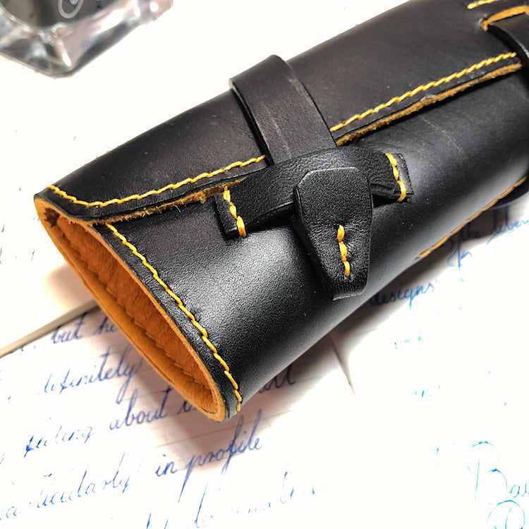 Handmade Cowhide Leather Fountain Pen Roll, Leather Pen Case, pen wrap. Black and golden yellow color.