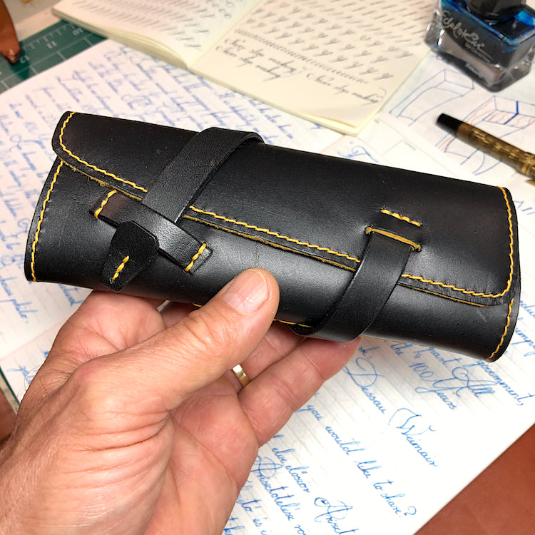 Handmade Cowhide Leather Fountain Pen Roll, Leather Pen Case, pen wrap. Black and golden yellow co