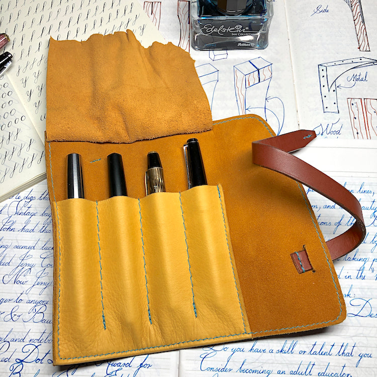 Cowhide Pen Roll, Pen Wrap - for 4 pens