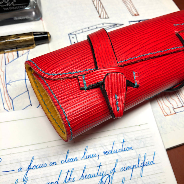 EPI Leather Pen Roll, Pen wrap, Red for 4 pens