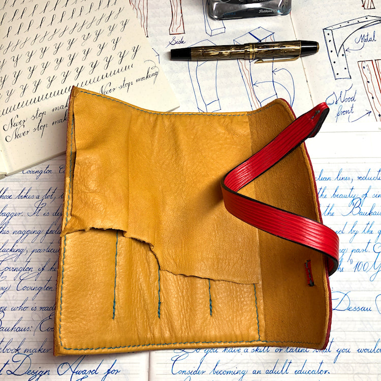 EPI Leather Pen Roll, Pen wrap, Red for 4 pens