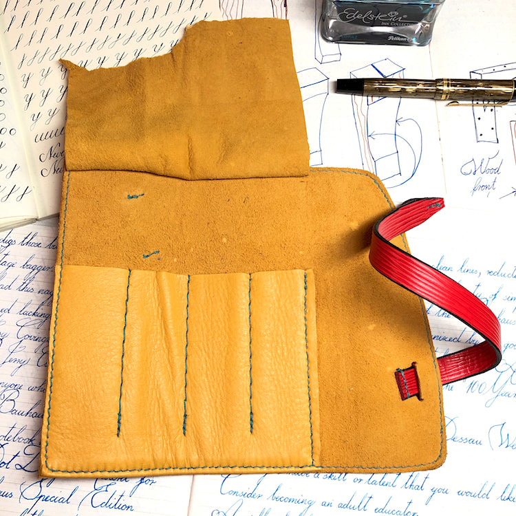 EPI Leather Pen Roll, Pen wrap, Red for 4 pens