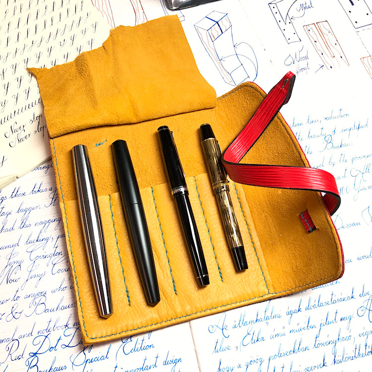 EPI Leather Pen Roll, Pen wrap, Red for 4 pens