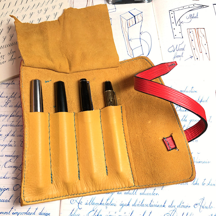 EPI Leather Pen Roll, Pen wrap, Red for 4 pens