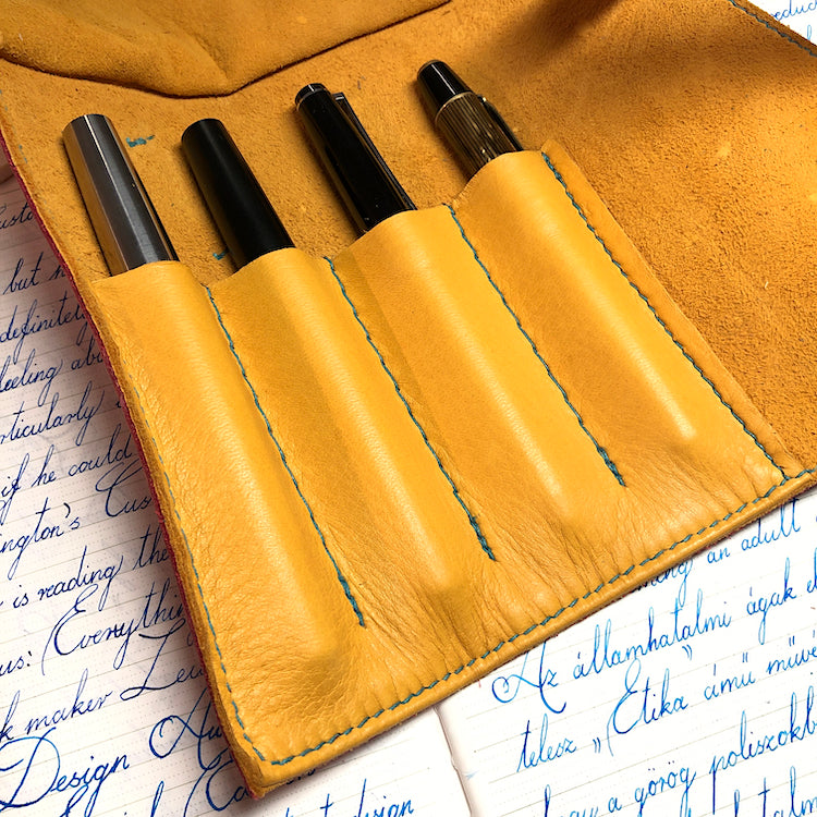 EPI Leather Pen Roll, Pen wrap, Red for 4 pens