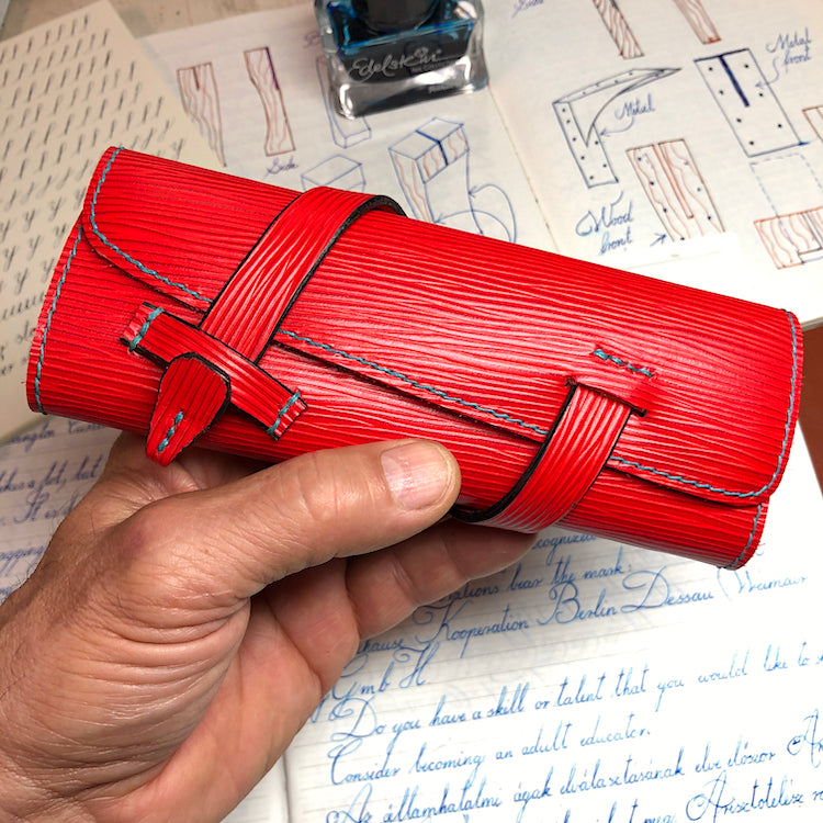 EPI Leather Pen Roll, Pen wrap, Red for 4 pens