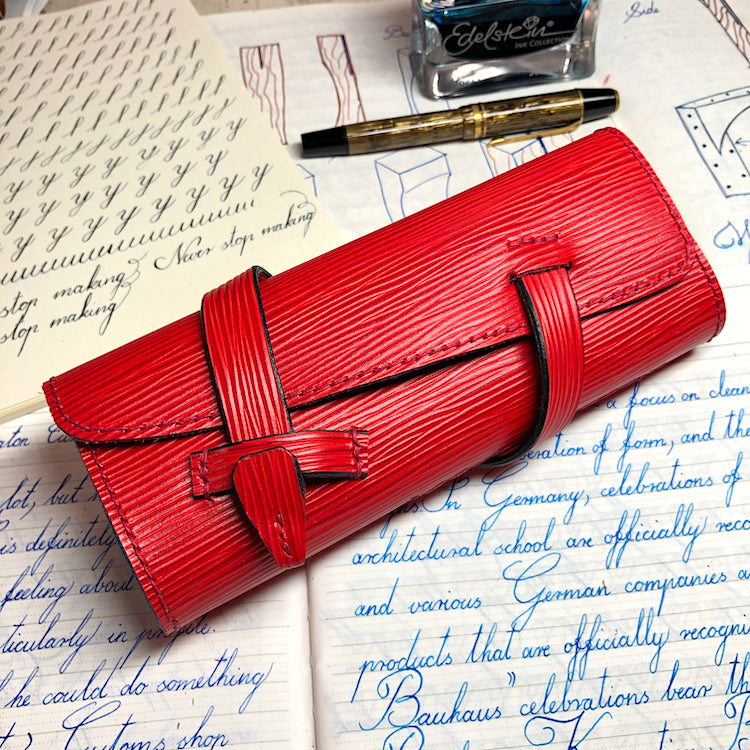 EPI Leather Pen Roll, Pen wrap, Red for 4 pens