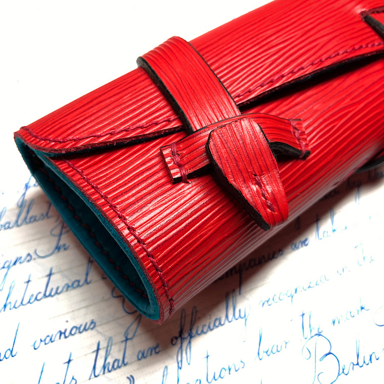 EPI Leather Pen Roll, Pen wrap, Red for 4 pens