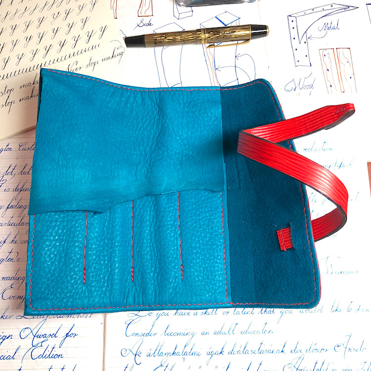 EPI Leather Pen Roll, Pen wrap, Red for 4 pens