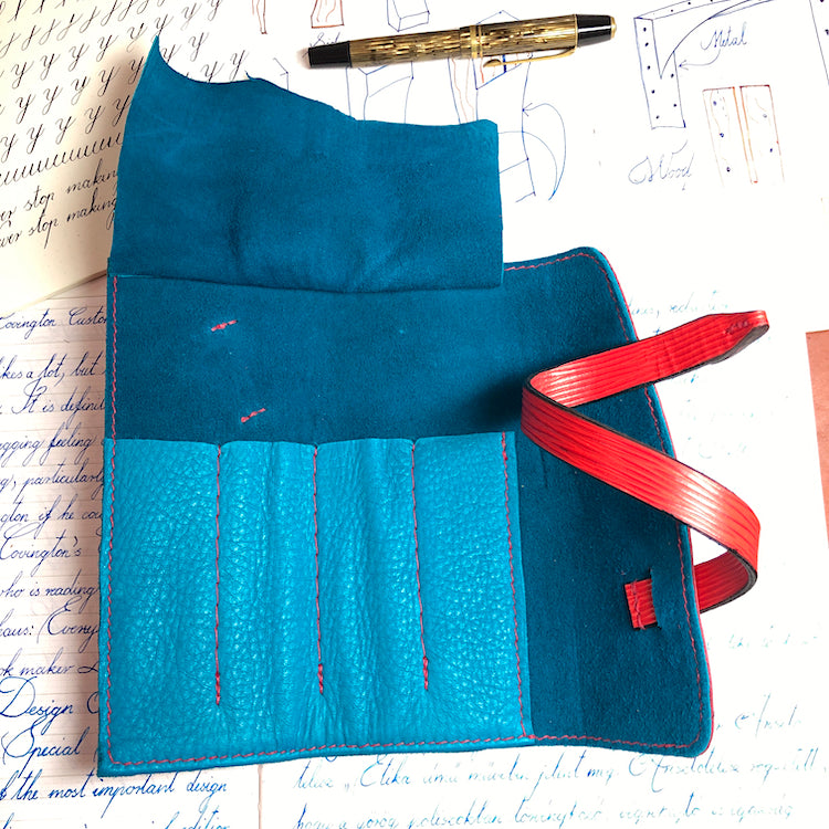 EPI Leather Pen Roll, Pen wrap, Red for 4 pens