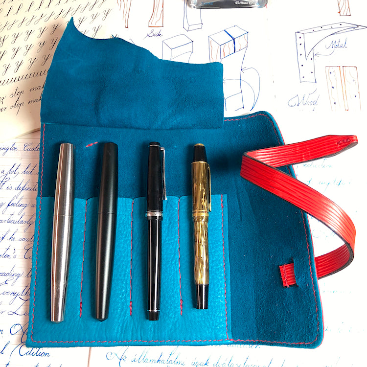 EPI Leather Pen Roll, Pen wrap, Red for 4 pens