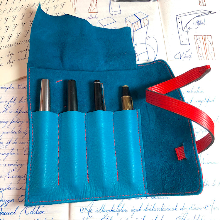 EPI Leather Pen Roll, Pen wrap, Red for 4 pens