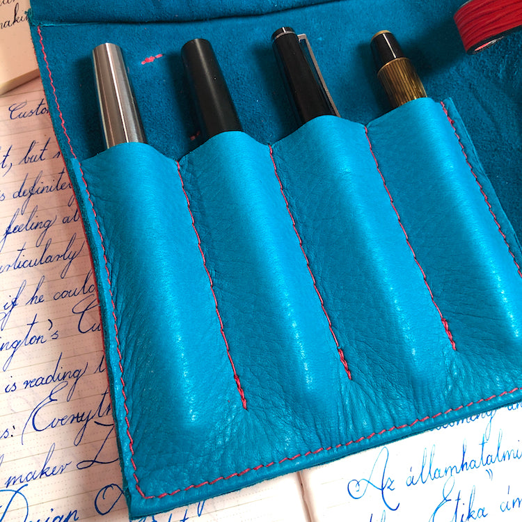 EPI Leather Pen Roll, Pen wrap, Red for 4 pens