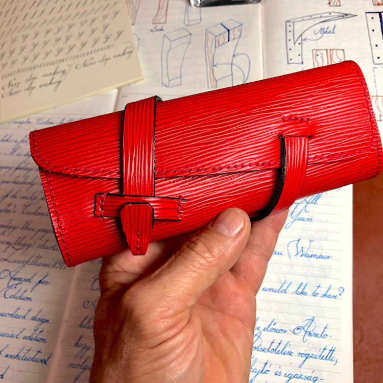 EPI Leather Pen Roll, Pen wrap, Red for 4 pens