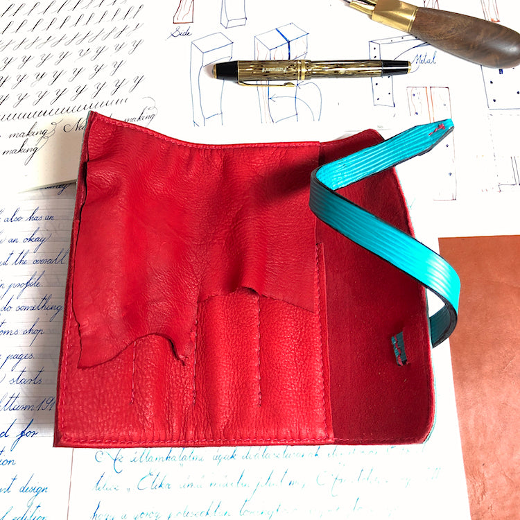 EPI Leather Pen Roll, Pen wrap, Turquoise - Red for 4 pens