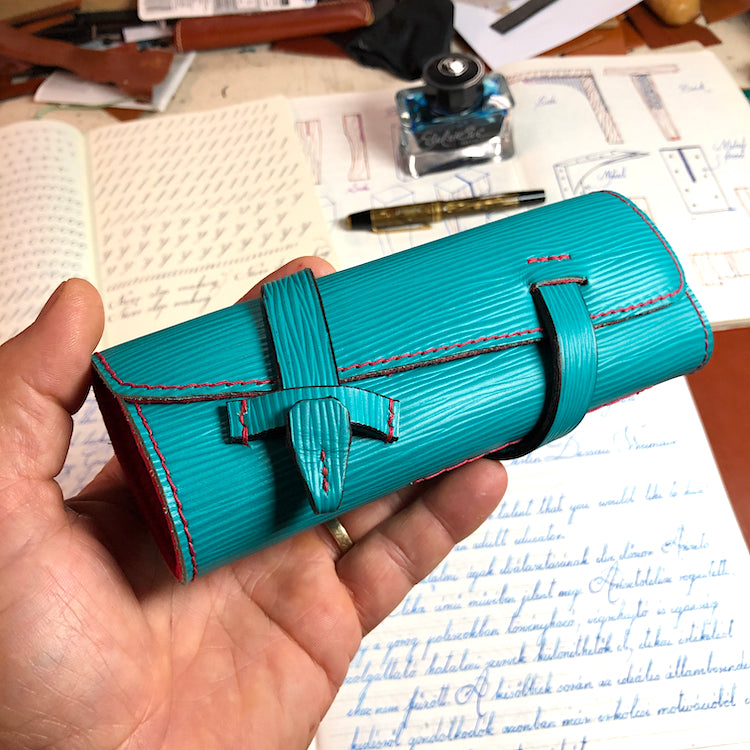 EPI Leather Pen Roll, Pen wrap, Turquoise - Red for 4 pens