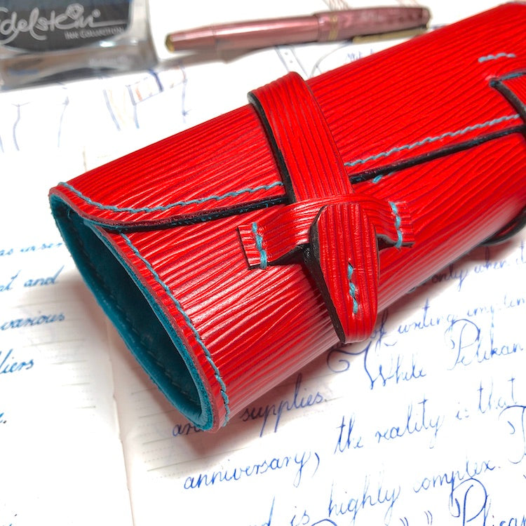 EPI Leather Pen Roll, Pen wrap, Red for 4 pens