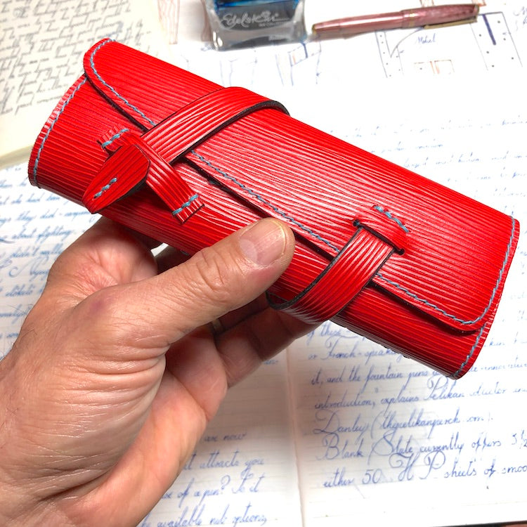 EPI Leather Pen Roll, Pen wrap, Red for 4 pens
