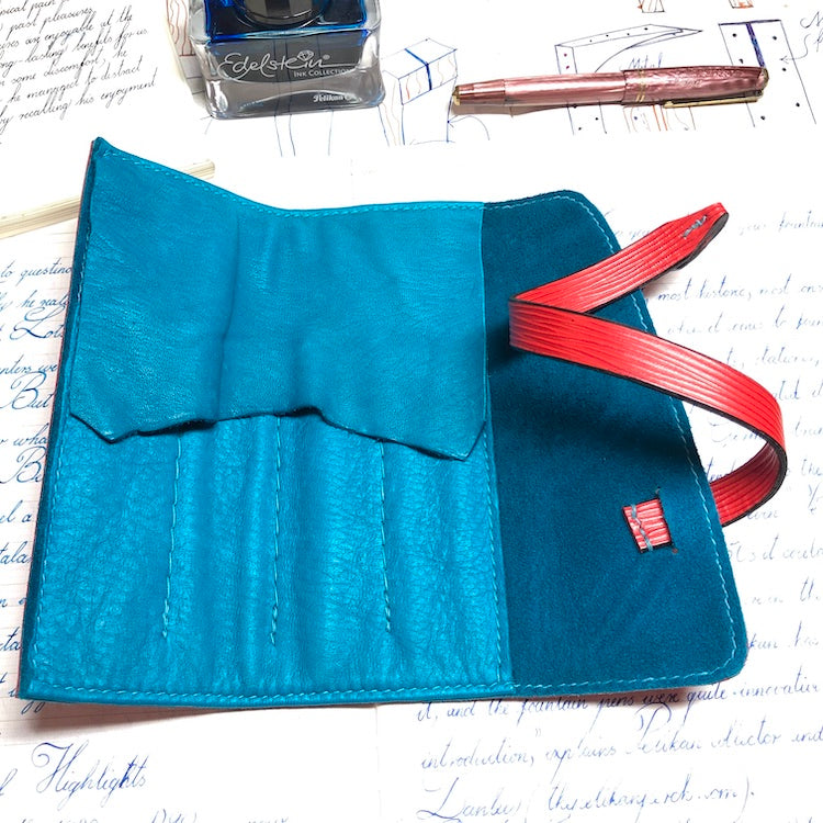 EPI Leather Pen Roll, Pen wrap, Red for 4 pens