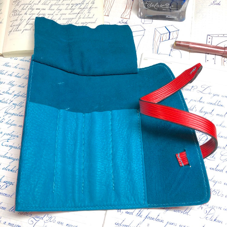 EPI Leather Pen Roll, Pen wrap, Red for 4 pens