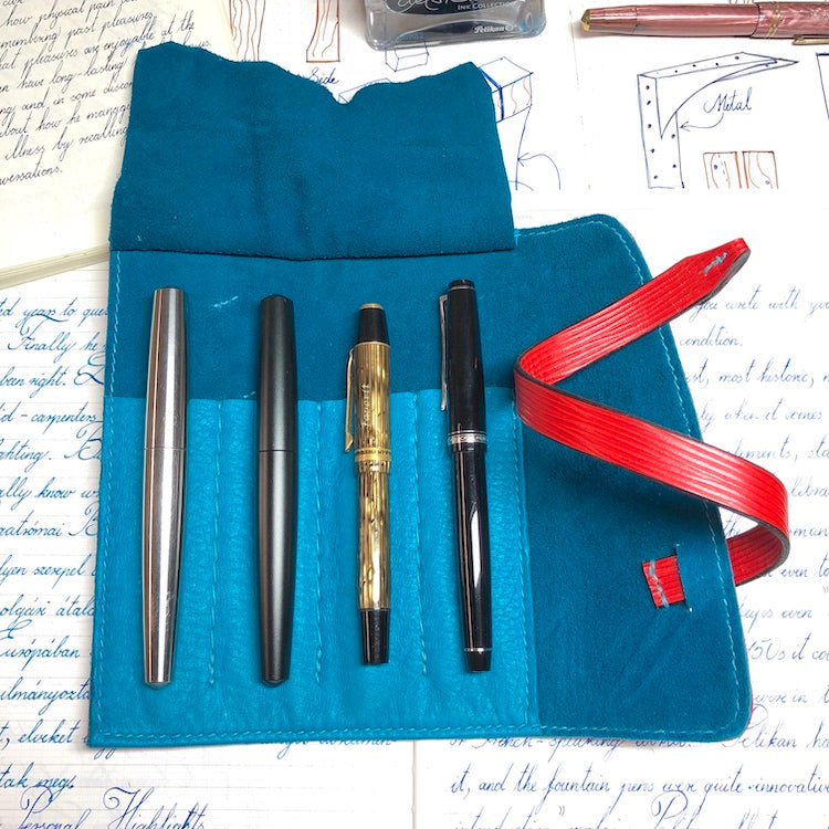 EPI Leather Pen Roll, Pen wrap, Red for 4 pens
