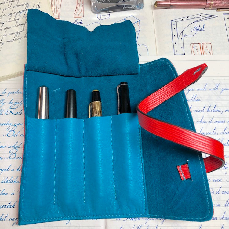 EPI Leather Pen Roll, Pen wrap, Red for 4 pens