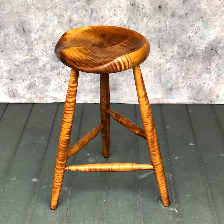 All Tiger Maple Tripod stool, 22" high for drawing, painting or if you spend long hours at the drafting table, practice your guitar or any other instrument.