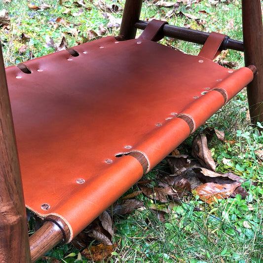 Coffee Table, Black Walnut, Live Edge with Leather Shelf