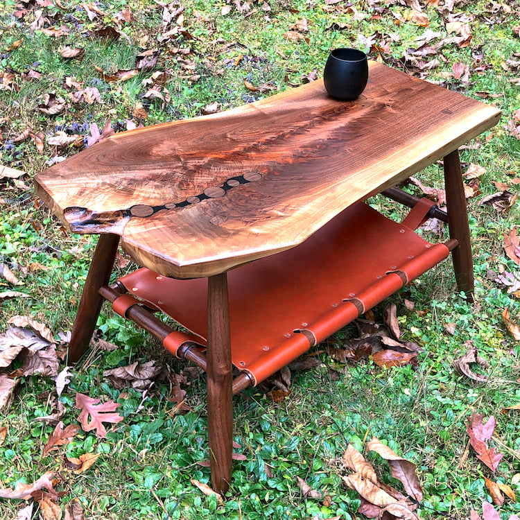Coffee Table, Black Walnut, Live Edge with Leather Shelf