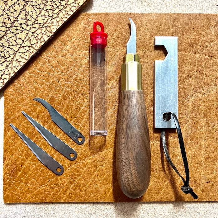 Craft Knife, utility knife, box cutter. Marking knife, leather trimming knife with wood handle, brass hardware. 