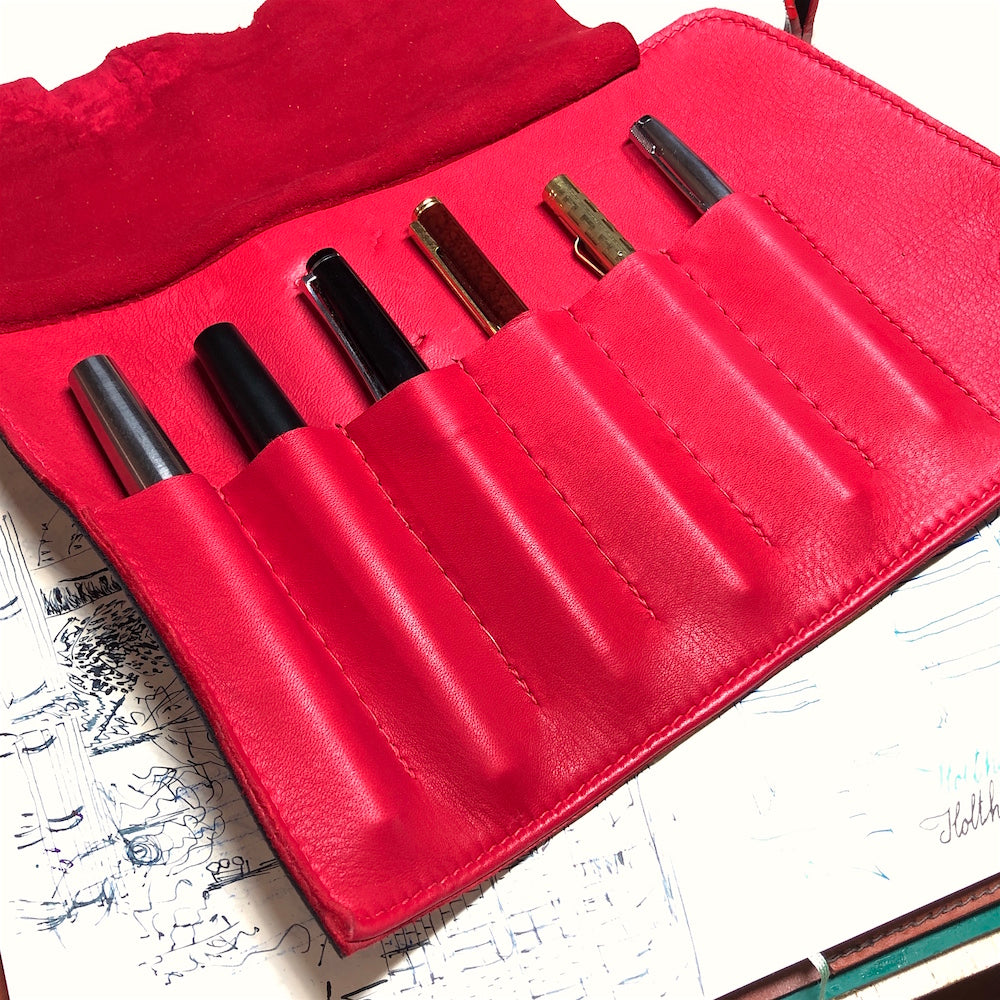 EPI Leather Pen Roll, Pen wrap, Black and Red for 4 or 6 pens