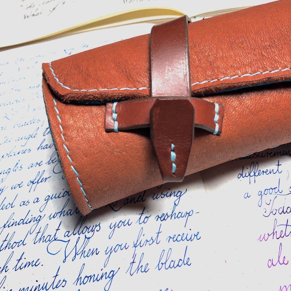 Elk Leather - Chestnut Brown and Blue Pen Roll for 4 or 6 pens
