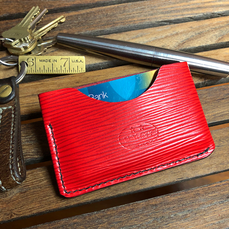 Red EPI leather wallet, hand stitched, card case. 