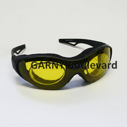 Yellow safety goggles with black frame on a white background