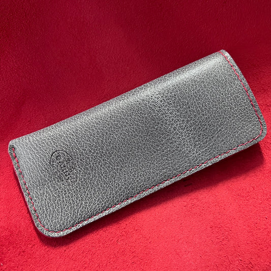 Handcrafted eyewear sleeve. Silver gray goatskin leather Rx eyewear case with red deerskin lining. 