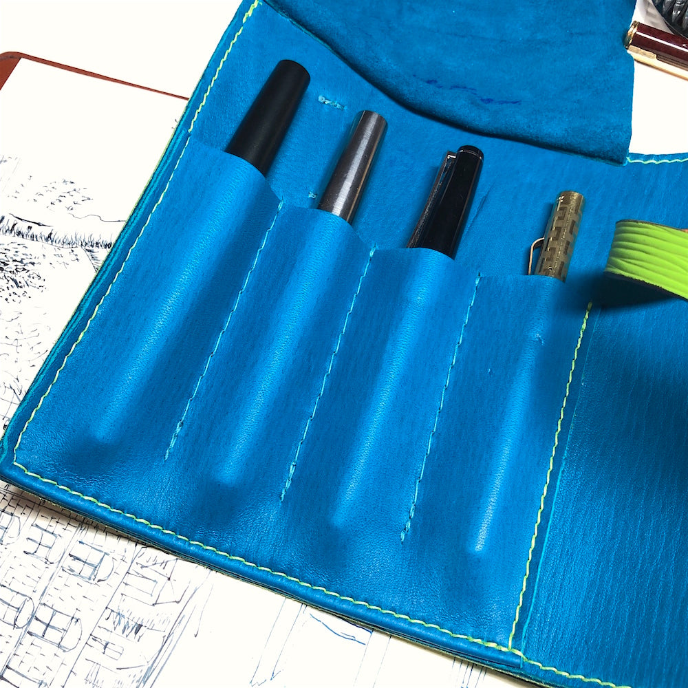 EPI Leather Pen Roll, Pen wrap, Green and Blue for 4 pens