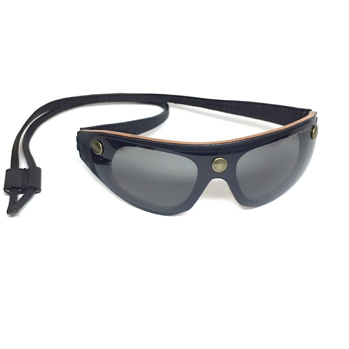 Black leather sunglasses/goggles with gray lenses