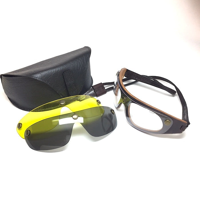 Sunglasses with 3 lenses, brown leather frame, leather riding goggles.