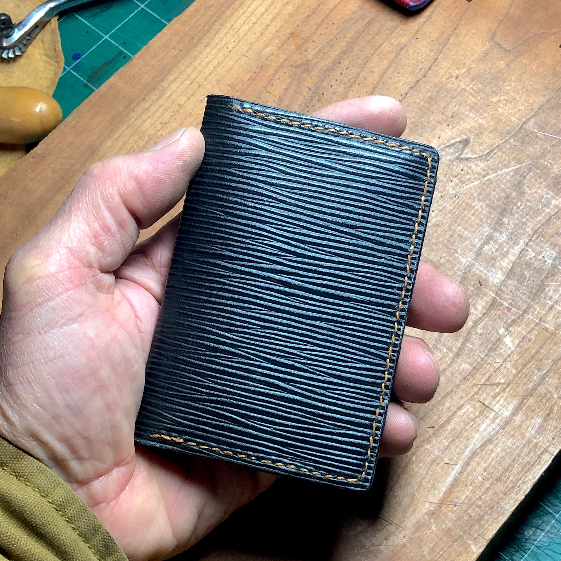 EPI leather luxury wallet, card case with goatskin leather lining, hand stitched, finished edges. 