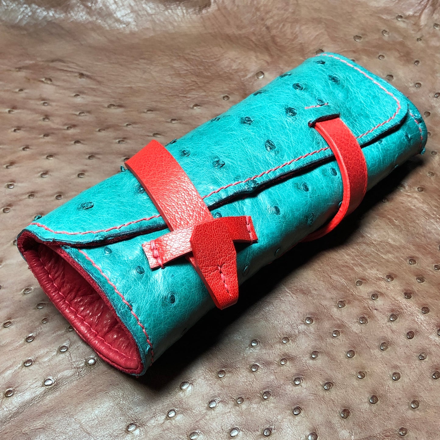 Ostrich Leather with Deerskin Lining, Pen Roll for 4 pens