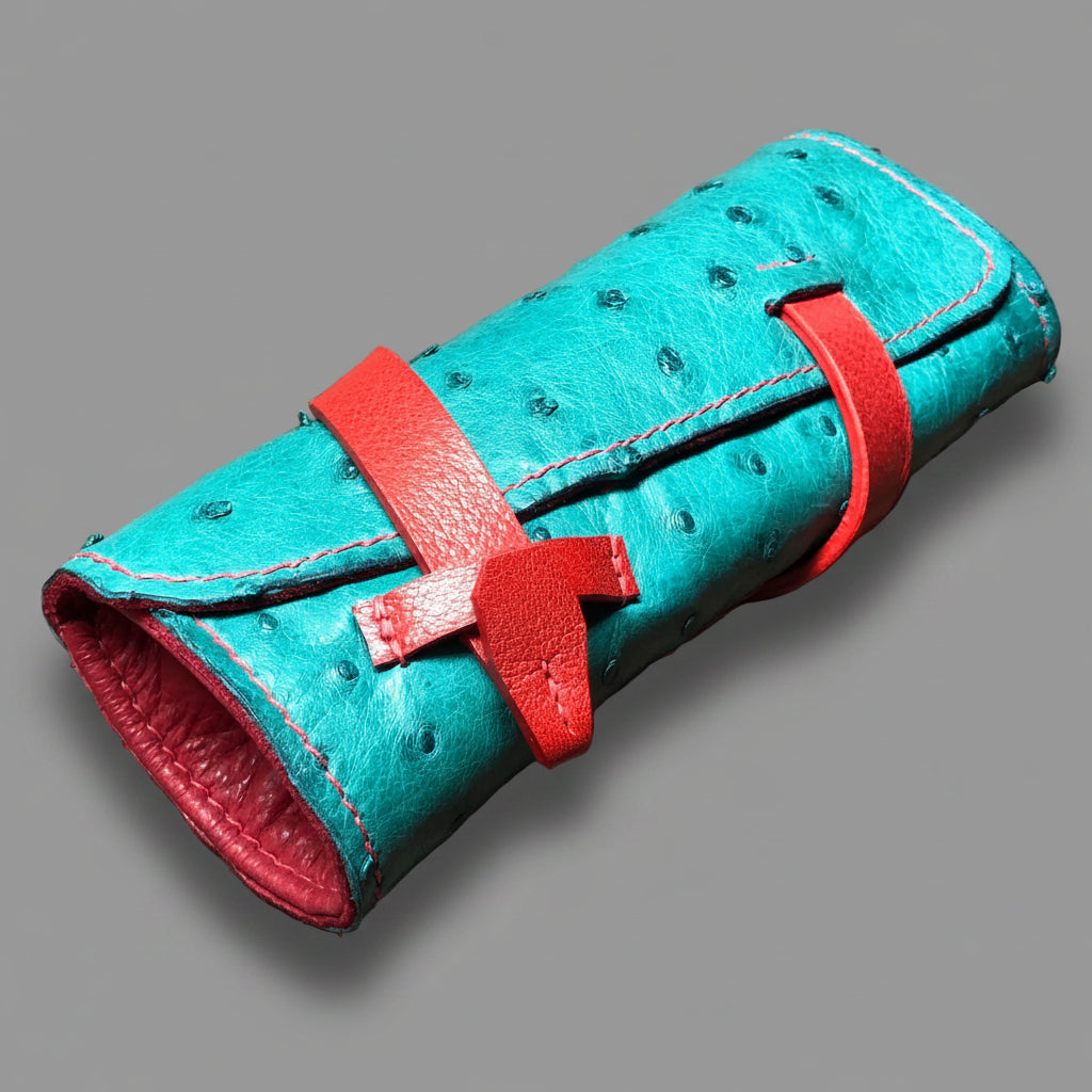Turquoise Ostrich leather pen roll  for 4 fountain pens.